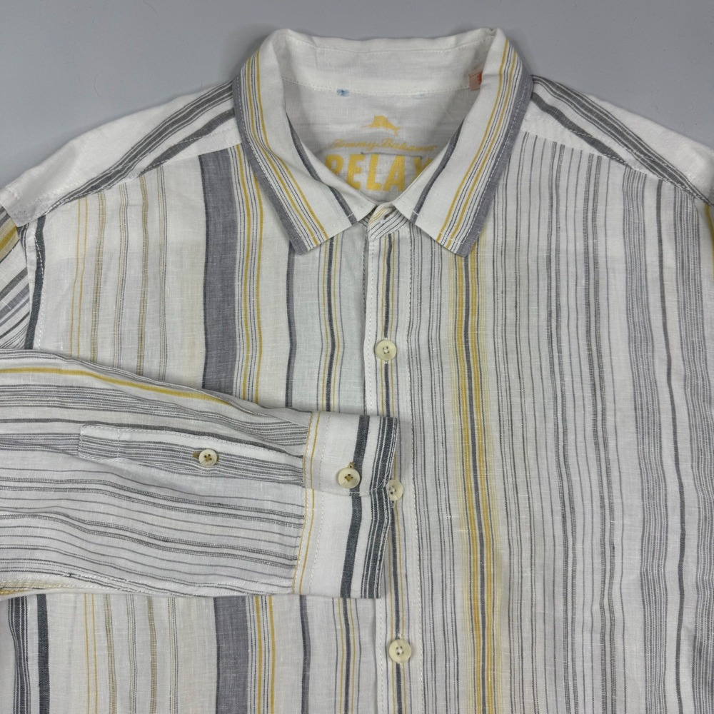 Tommy Bahama Relax Button Down Men XL White Grey Yellow Striped 100% Linen Shirt
